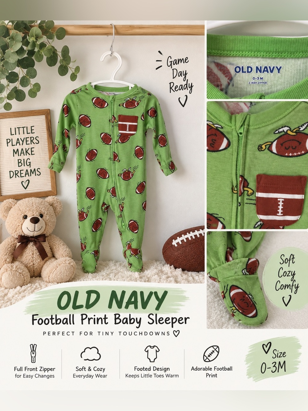 Old Navy Baby Football Print Footed Sleeper 0–3M Green 2-Way Zip
